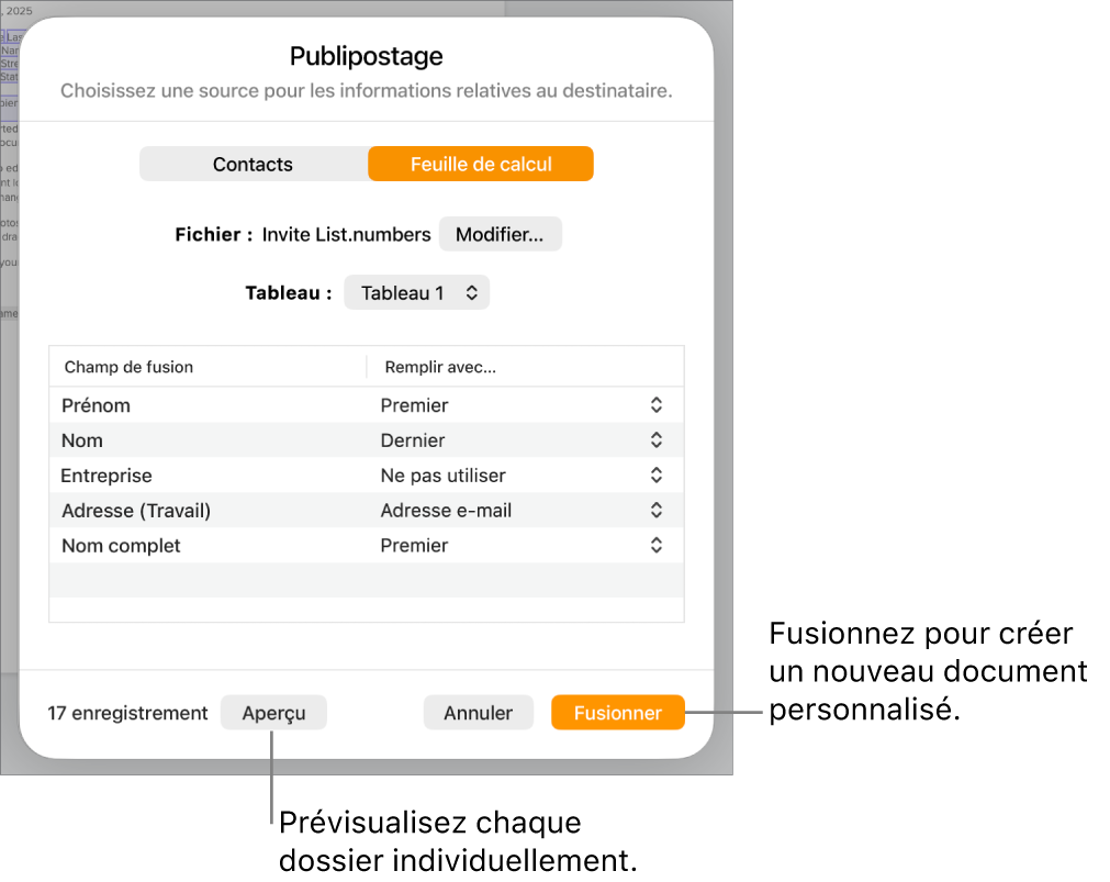 Sous-fenêtre Publipostage ouverte, avec des options pour modifier le fichier ou le tableau source, prévisualiser les noms des champs de fusion ou des enregistrements individuels, ou fusionner le document.