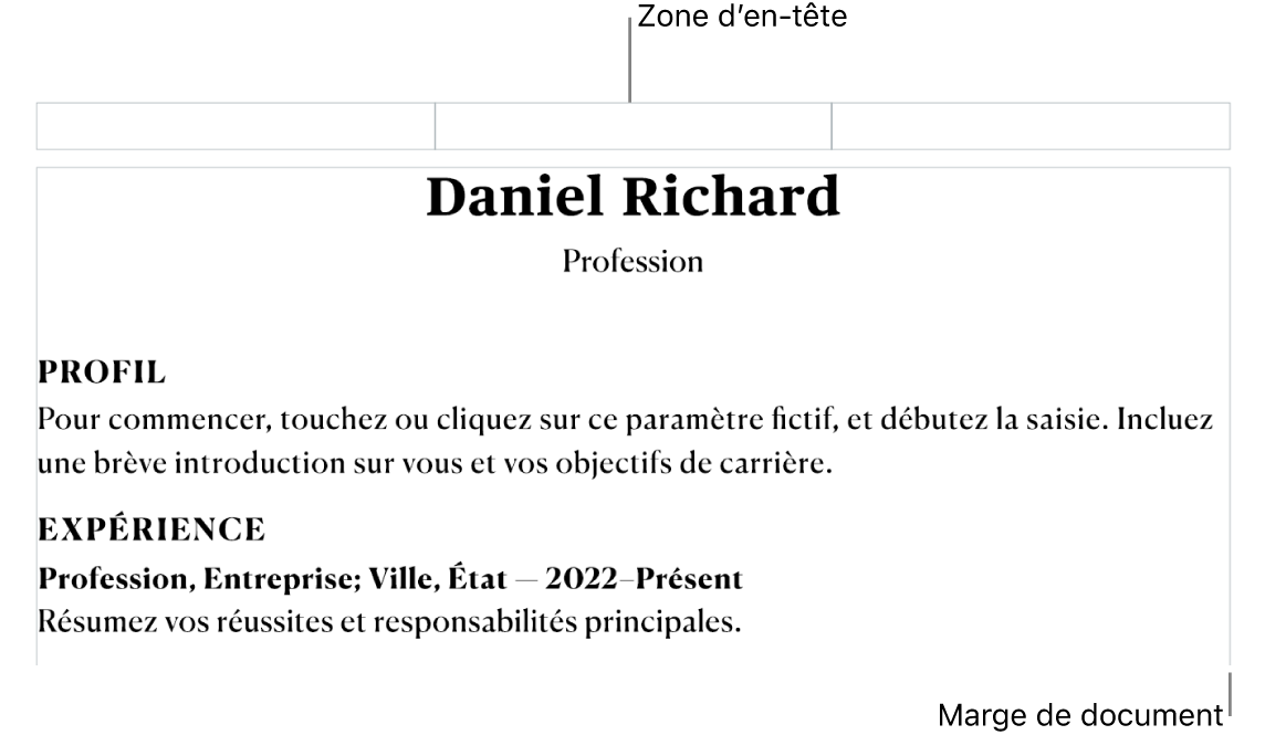 Le mode d’affichage Disposition montrant la zone d’en-tête et les marges du document.