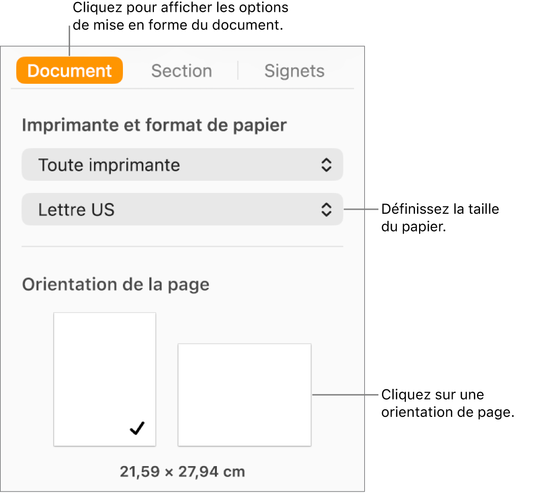 La barre latérale Document avec l’onglet Document sélectionné en haut de la barre latérale. La barre latérale contient un menu local permettant de définir la taille du papier ainsi que des boutons pour l’orientation portrait et paysage de la page.