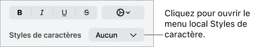 Menu local Styles de caractère au-dessous des commandes de modification du style et de la couleur du texte.