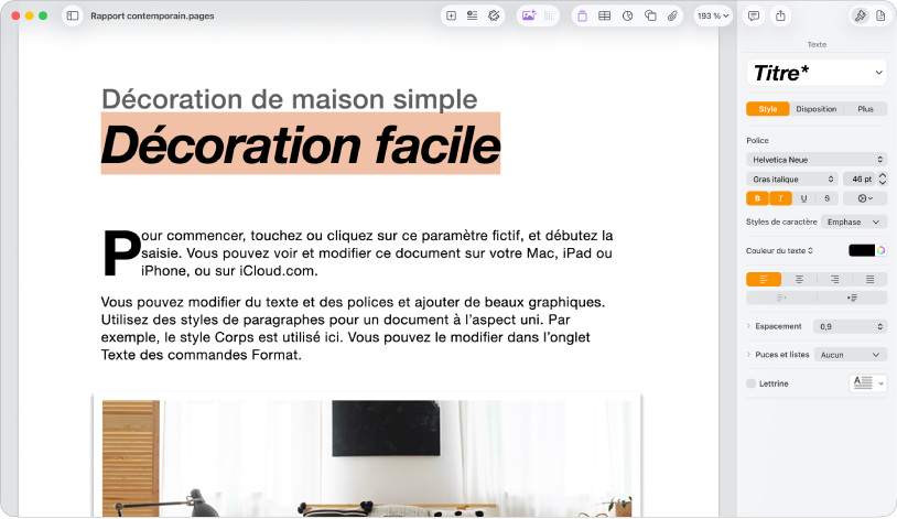 Un document ouvert avec la barre latérale Format ouverte et l’onglet Texte sélectionné.