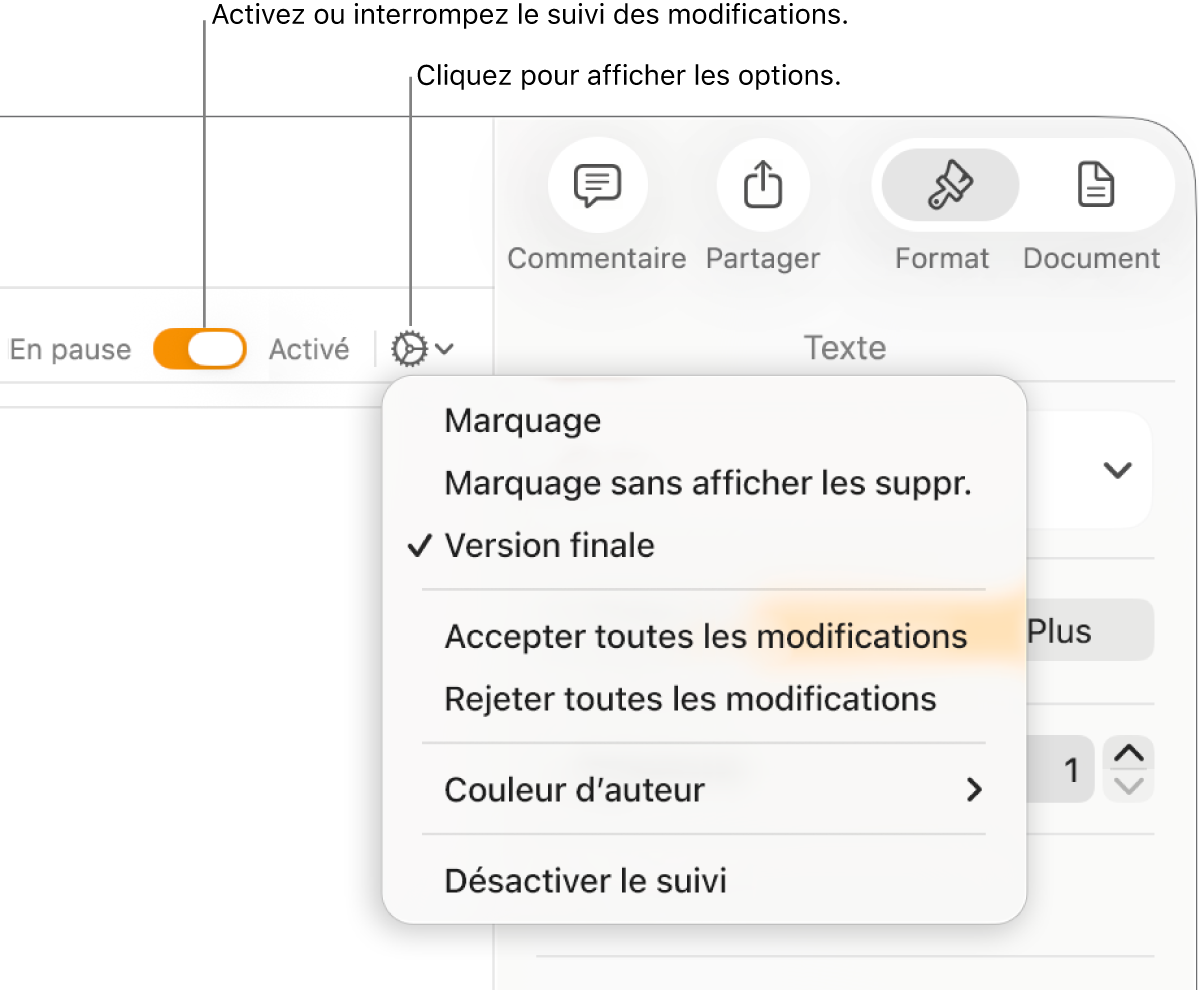 Le menu des options de suivi, avec l’option Désactiver le suivi en bas, ainsi que des légendes traitant des boutons de suivi Activé et En pause.