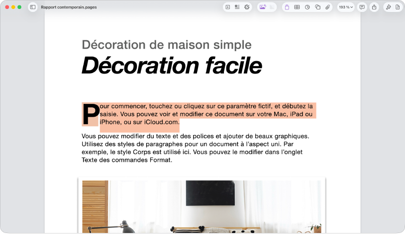 Dans un document ouvert avec du texte de paramètre fictif de modèle sélectionné.