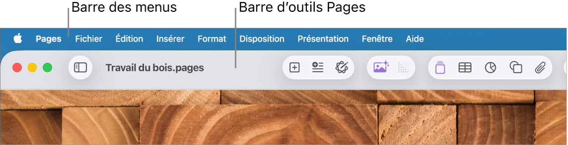 La barre des menus en haut de l’écran avec les menus Pomme, Pages, Fichier, Édition, Insertion, Format, Disposition, Présentation, Fenêtre et Aide. Sous la barre des menus, un document Pages ouvert avec une barre d’outils supérieure proposant les boutons Présentation, Zoom, Ajouter une page, Insérer, Tableau, Graphique, Texte, Figure, Données multimédias et Commentaire, Partager et Format.