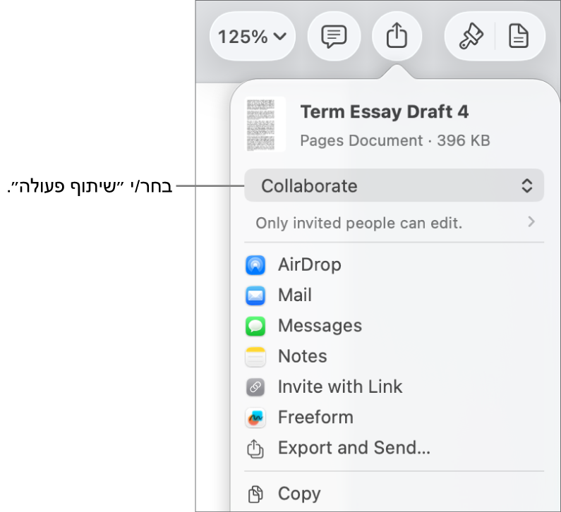 תפריט השיתוף כאשר האפשרות ״שיתוף פעולה״ נבחרת בחלק העליון ומתחתיה הגדרות הגישה וההרשאות.
