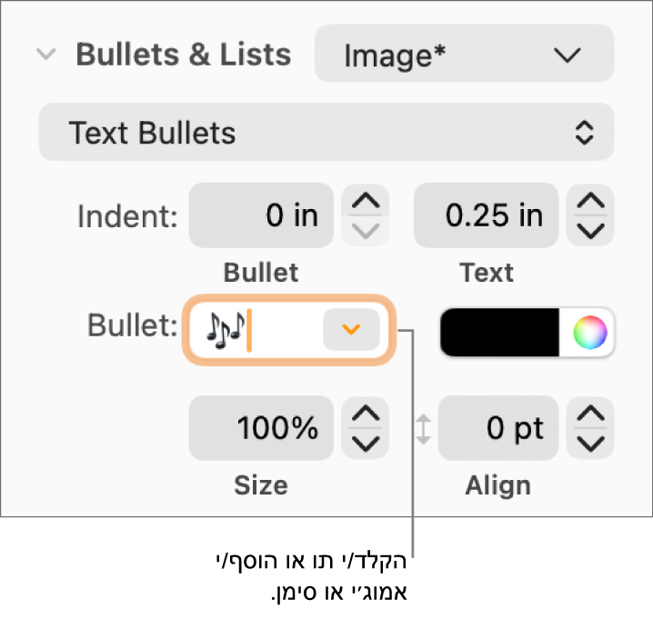 המקטע ״תבליטים ורשימות״ בסרגל הצד ״עיצוב״. השדה ״תבליט״ עם אמוג׳י של פרח.