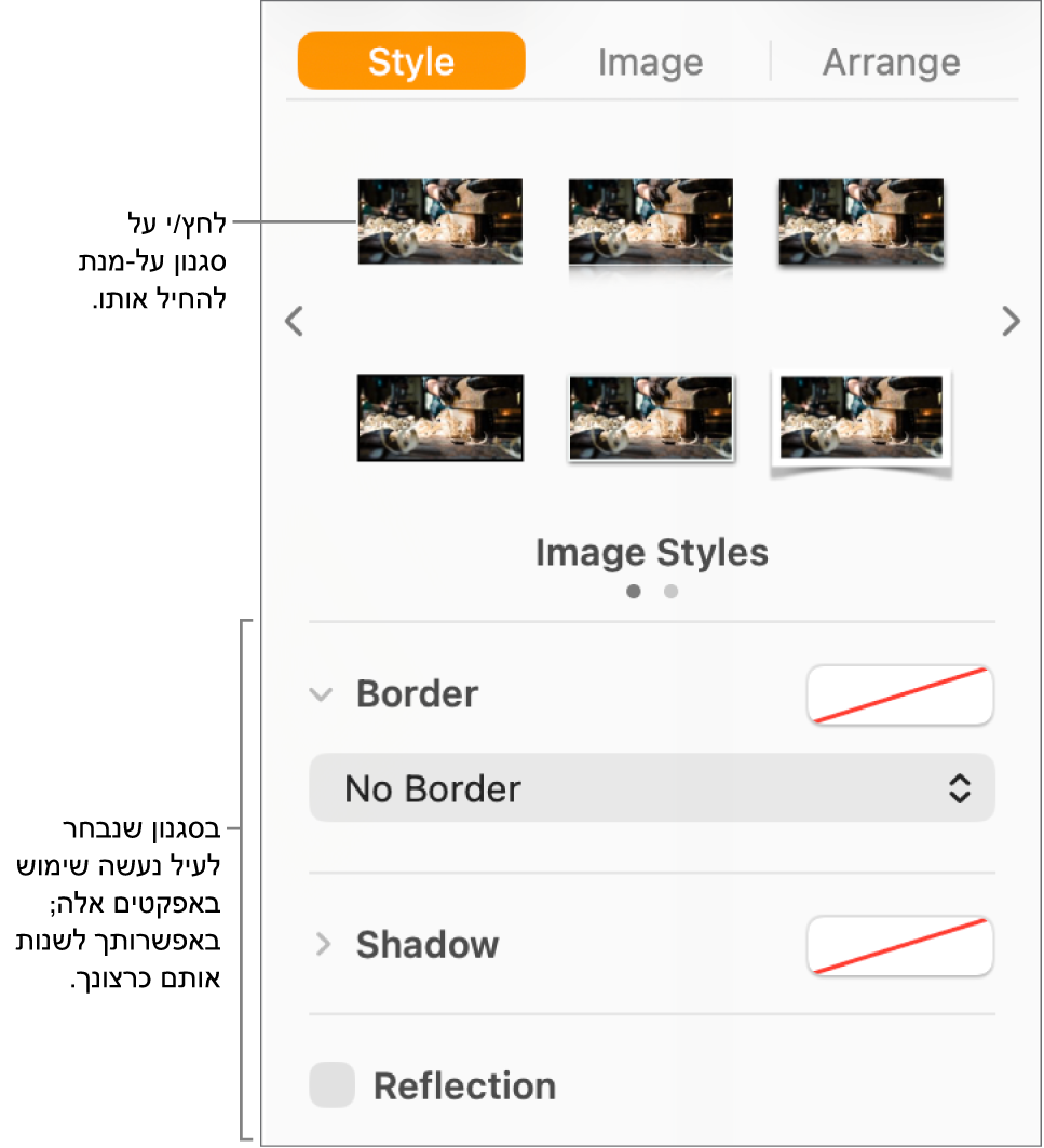 הכרטיסיה ״סגנון״ בסרגל הצד ״עיצוב״ מציגה אפשרויות עבור סגנונות אובייקטים.