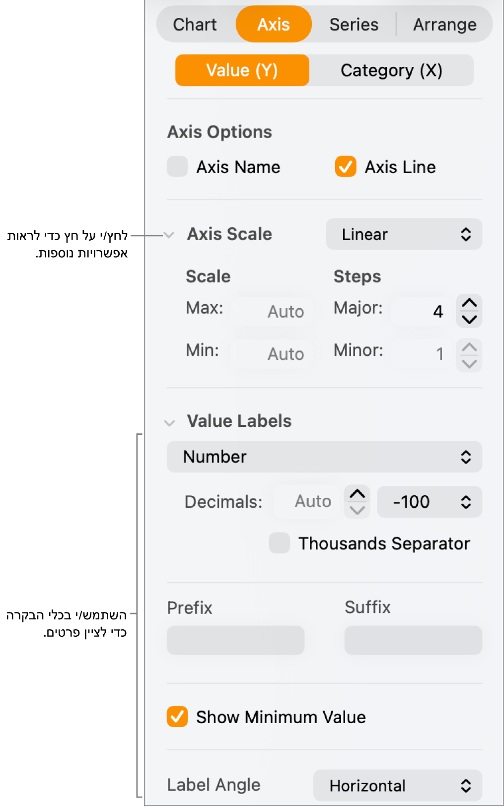 כלי בקרה לעיצוב סימוני ציר בתרשים.