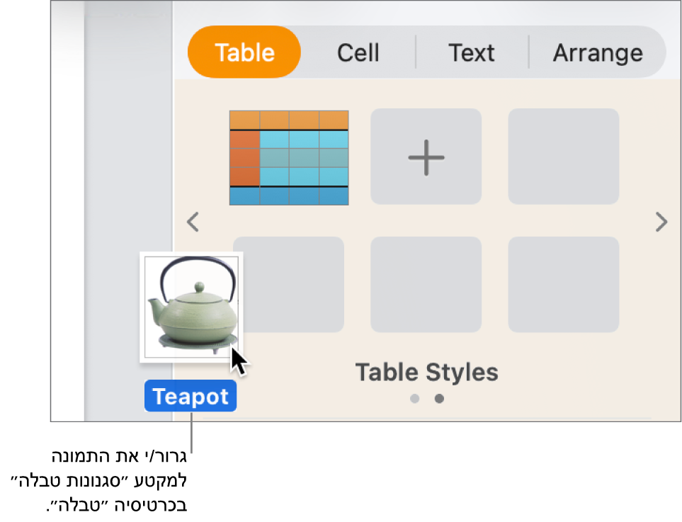 גרירת תמונה לחלונית סגנונות הטבלה כדי ליצור סגנון חדש.