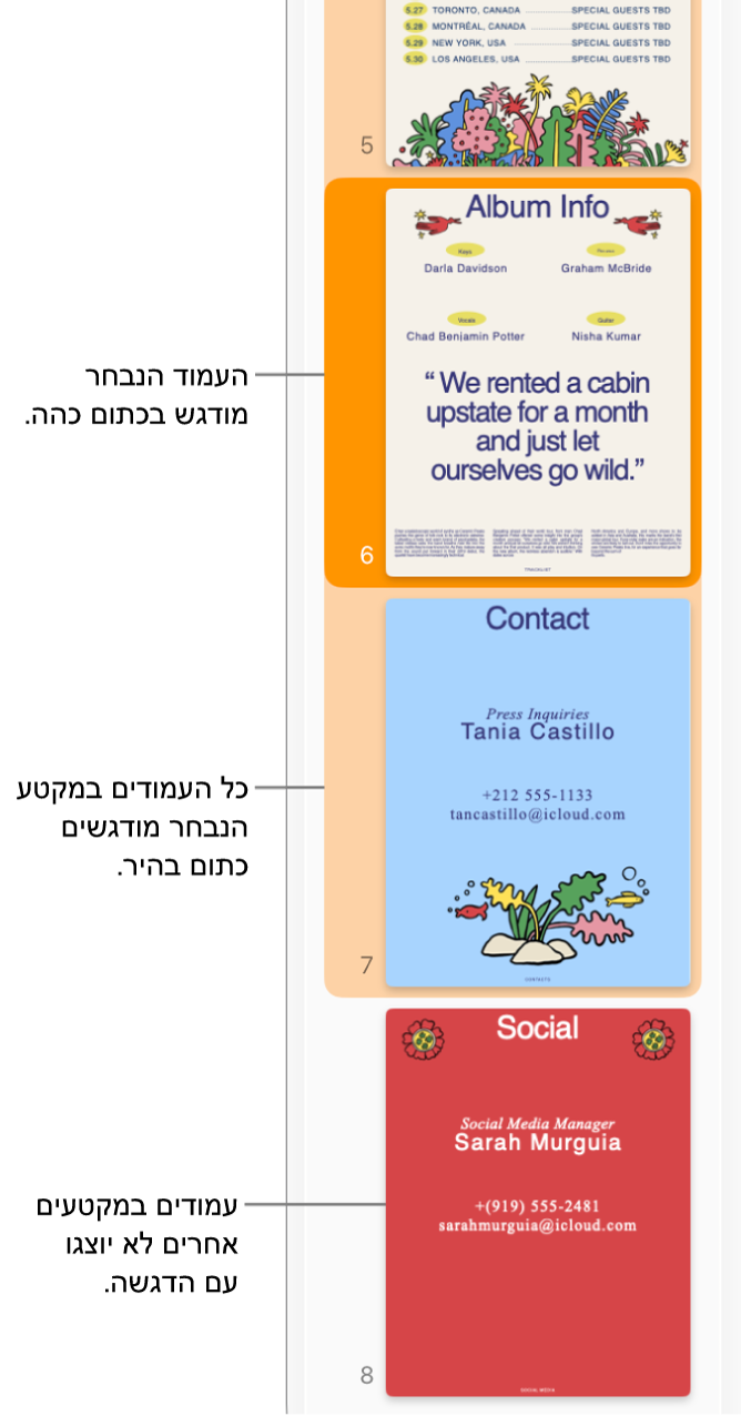 סרגל הצד של תצוגת התמונות הממוזערות עם העמוד הנבחר מסומן בכתום כהה, וכל העמודים במקטע הנבחר מסומנים בכתום בהיר.