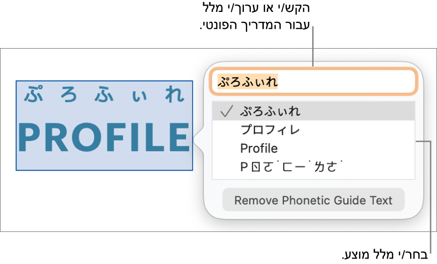 המדריך הפונטי פתוח עבור מילה, עם הסברים לגבי שדה המלל והמלל המוצע.