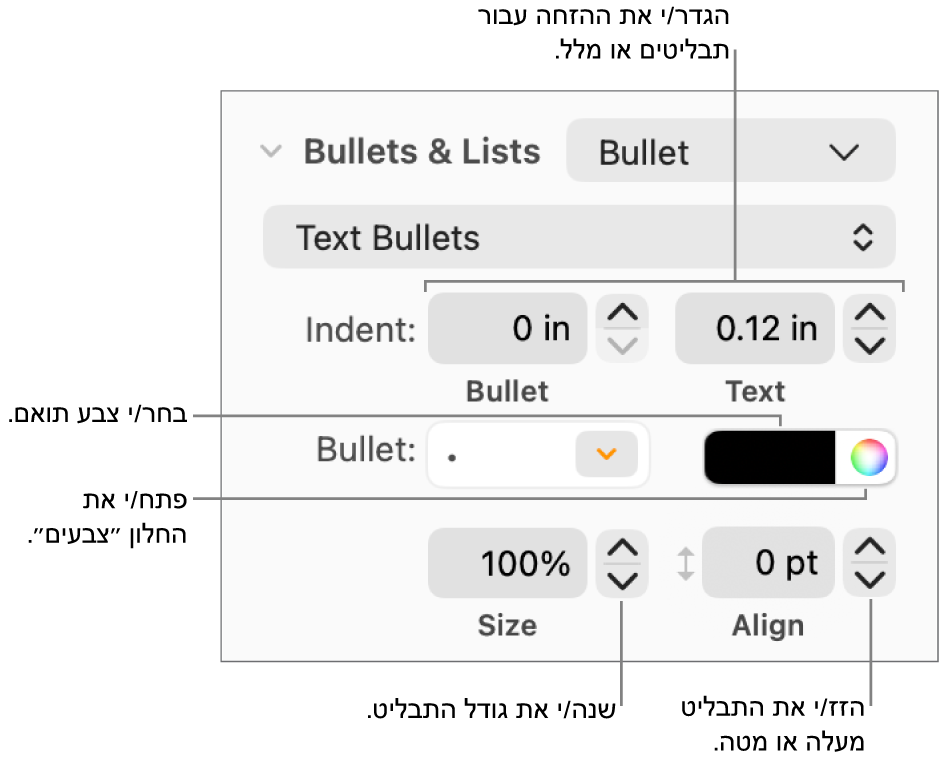 המקטע ״תבליטים ורשימות״ עם הסברים לגבי הפקדים של הזחת תבליט ומלל, צבע תבליט, גודל תבליט ויישור.