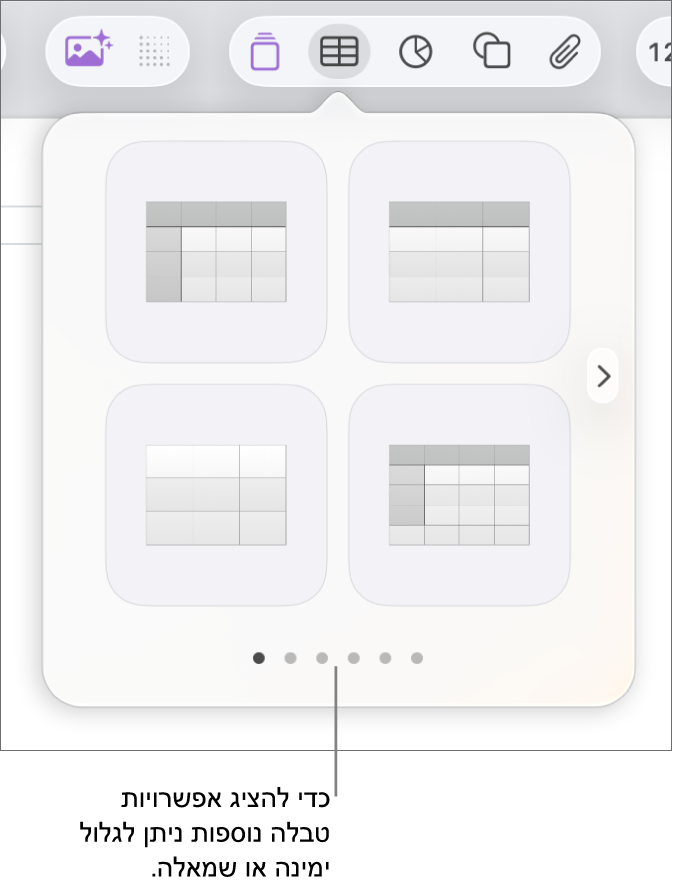 תפריט ״הוסף טבלה״ עם חצים לניווט.