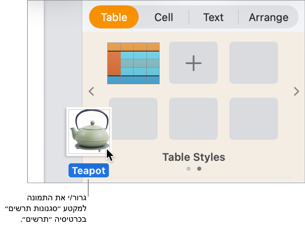 גרירת תמונה אל אזור סגנונות התרשים בסרגל הצד כדי ליצור סגנון חדש.