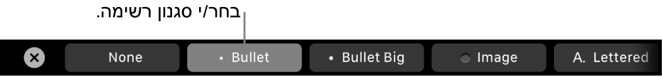 ה‑Touch Bar ב‑MacBook Pro עם כלי בקרה לבחירת סגנון רשימה.