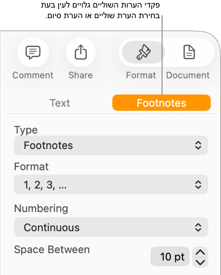 החלונית ״הערות שוליים״ מציגה תפריטים קופצניים עבור ״סוג״, ״עיצוב״, ״מספור״ ומרווח בין הערות.