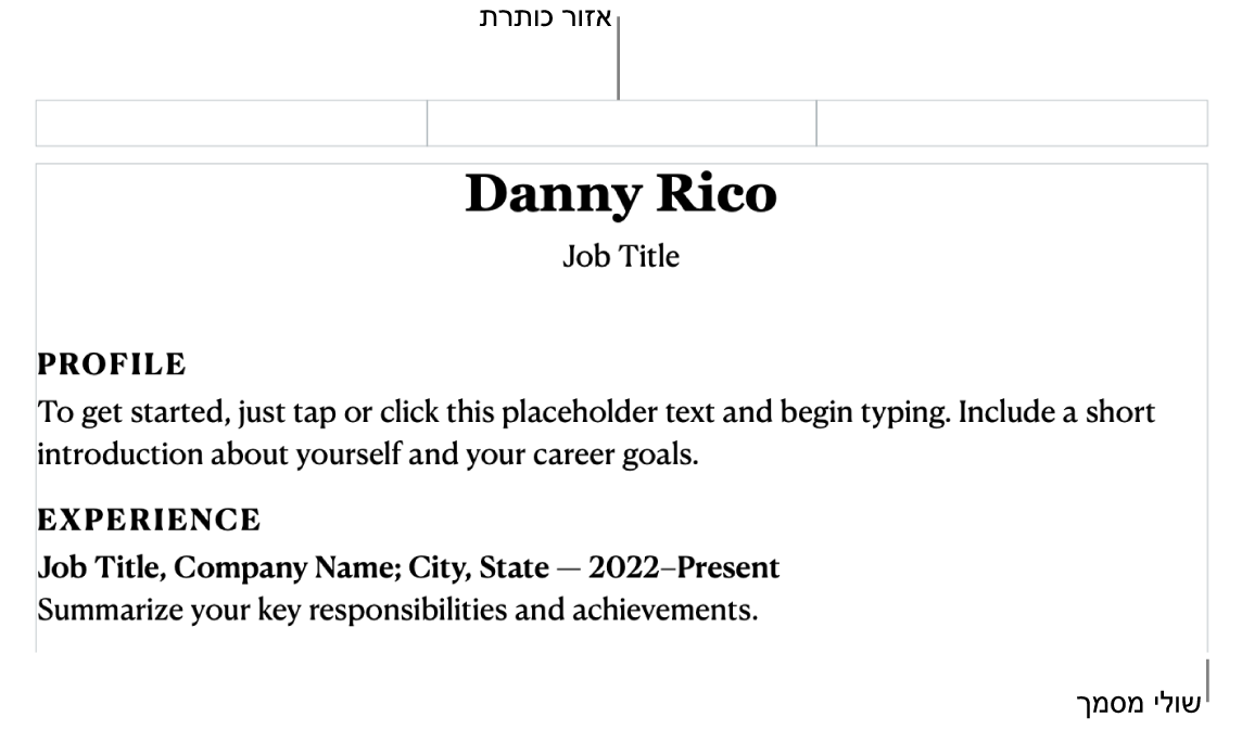 תצוגת פריסה עם אזור כותרת עליונה ושולי מסמך.