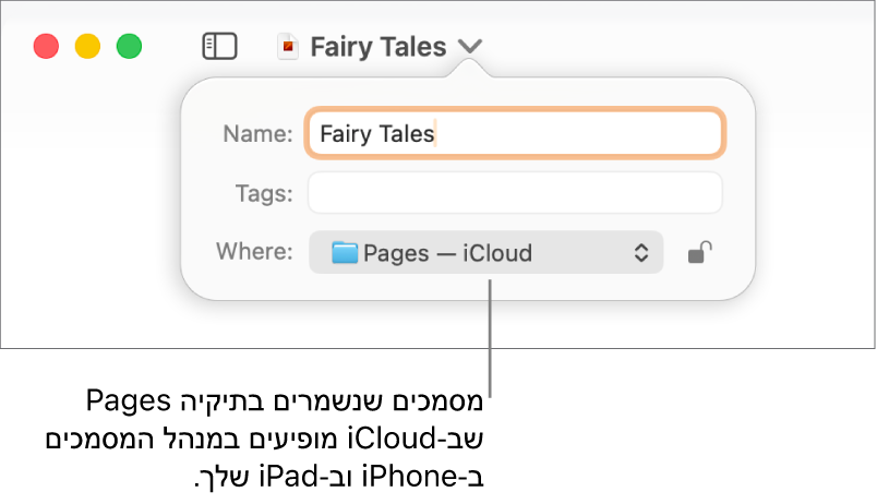 תיבת הדו‑שיח ״שמירה״ עבור מסמך, עם Pages—iCloud בתפריט הקופצני ״היכן״.