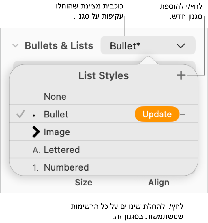 התפריט הקופצני ״סגנונות רשימה״ עם כוכבית המציינת החלפה, הסבר לכפתור ״סגנון חדש״ ותפריט משנה עם אפשרויות לניהול סגנונות.