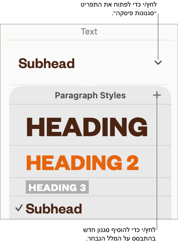 התפריט ״סגנונות פיסקה״, מציג כלי בקרה להוספה או שינוי של סגנון.