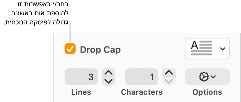 תיבת הסימון ״אות פתיח״ נבחרת, ותפריט קופצני מופיע משמאל; מתחת לתפריט, מופיעים כלי בקרה להגדרת גובה השורה, מספר התווים ואפשרויות נוספות.