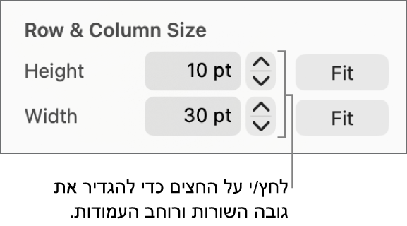 כלי הבקרה לקביעת גודל מדויק עבור שורות ועמודות.