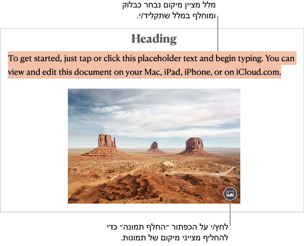 מצייני מיקום עבור מלל ותמונות.