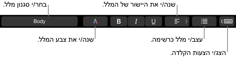 ה‑Touch Bar ב‑MacBook Pro עם כלי בקרה לבחירת סגנון המלל, לשינוי צבע המלל, לשינוי היישור של המלל, לעיצוב מלל כרשימה ולהצגת הצעות הקלדה.