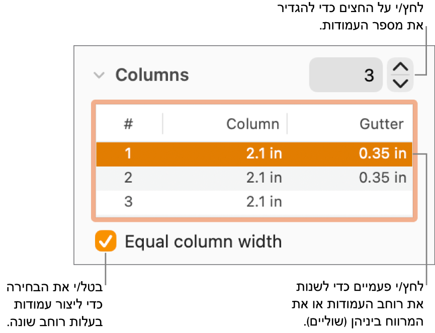 החלונית ״פריסה״ בסוקר ״עיצוב״, המציגה פקדי עמודות.