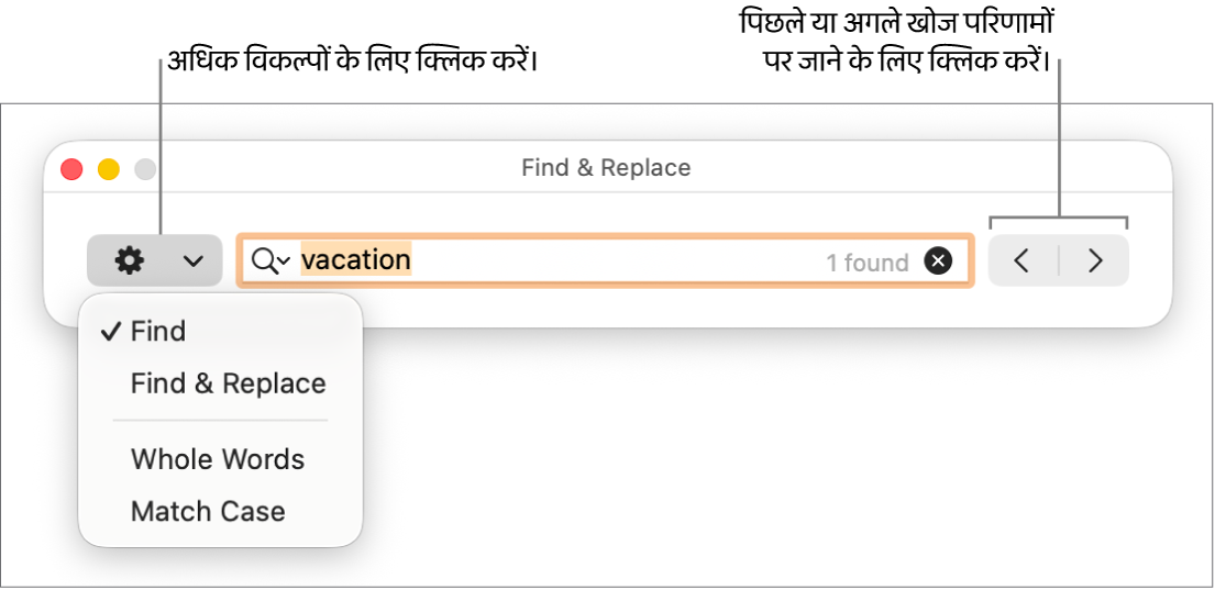 “ढूँढें और बदलें” विंडो जिसमें पॉप-अप मेनू “ढूँढें”, “ढूँढें और बदलें” “पूरे शब्द” और “मैच केस” के लिए विकल्प दिखा रहा है। दाईं ओर के तीर आपको अगले और पिछले खोज परिणाम पर जाने की सुविधा उपलब्ध कराता है।