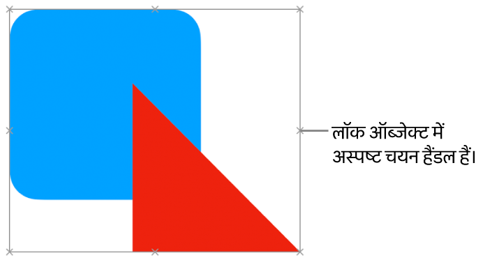 अस्पष्ट चयन हैंडल वाले लॉक किए गए ऑब्जेक्ट।