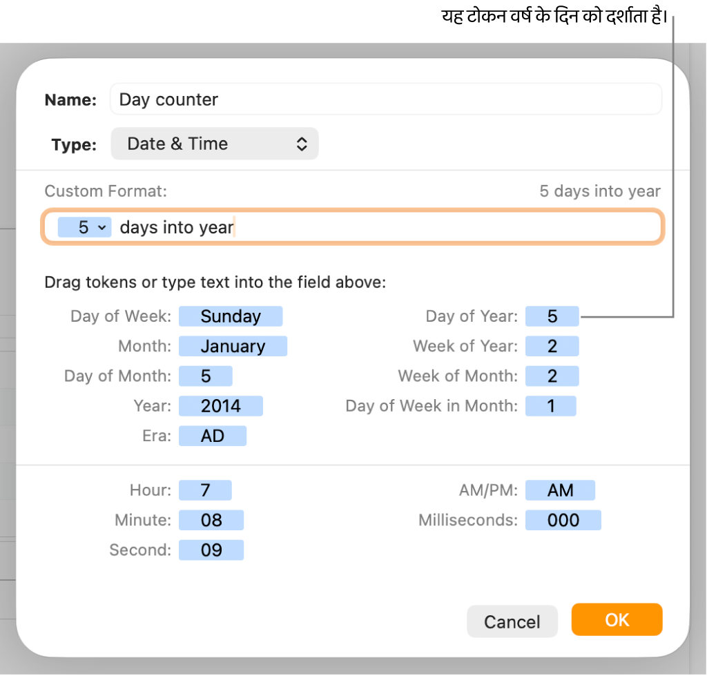 कस्टम तिथि और समय फ़ॉर्मैटिंग चुनने के नियंत्रणों वाली कस्टम सेल फ़ॉर्मैट विंडो।