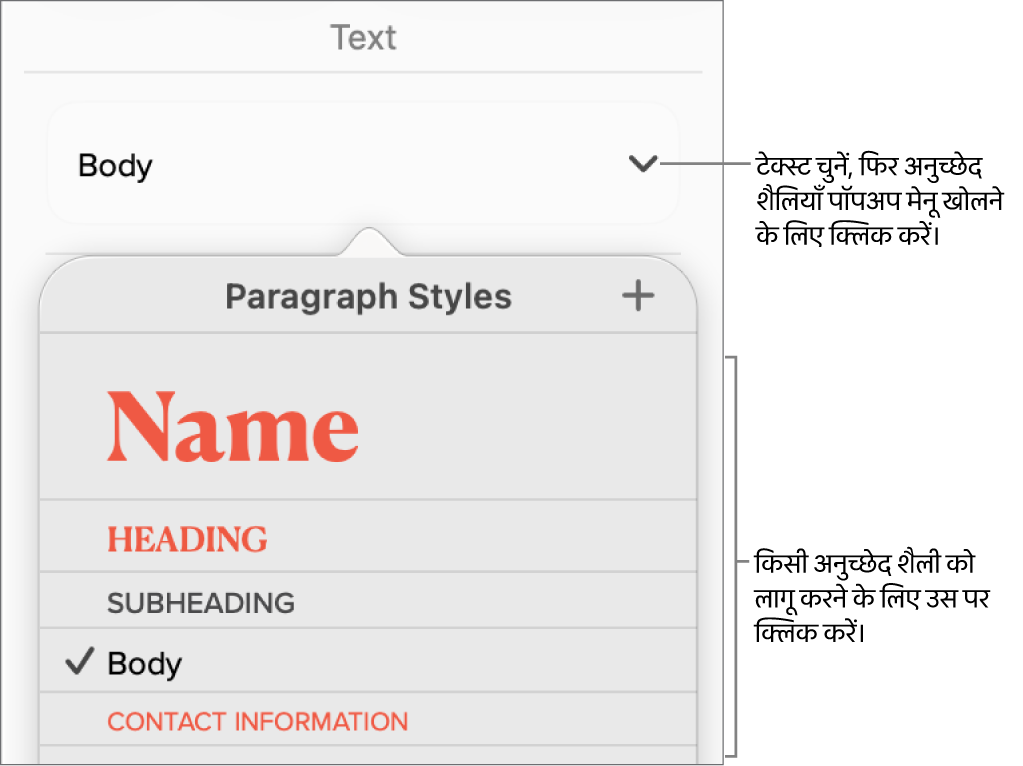 अनुच्छेद शैलियाँ मेनू।