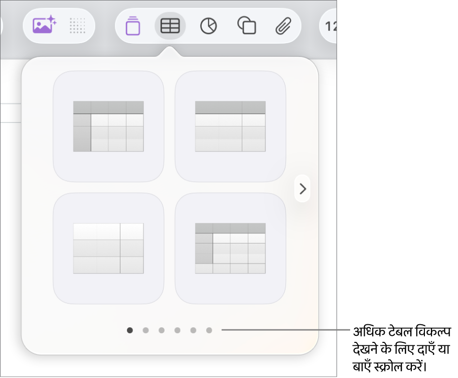 नैविगेशन तीरों के साथ “टेबल जोड़ें” मेनू।