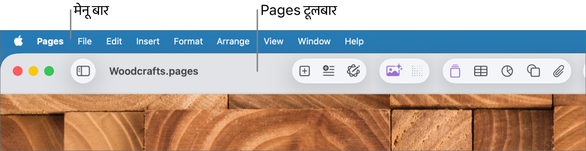 Apple, Pages, फ़ाइल, संपादित करें, डालें, फ़ॉर्मैट करें, व्यवस्थित करें, दृश्य, शेयर करें, विंडो और सहायता मेनू के साथ स्क्रीन के शीर्ष पर मेनू बार। इसके नीचे एक खुला हुआ Pages दस्तावेज़ होता है जिसमें शीर्ष पर दृश्य, ज़ूम करें, पृष्ठ जोड़ें, डालें, टेबल, चार्ट, टेक्स्ट, आकृति, मीडिया और टिप्पणी के लिए टूलबार बटन होते हैं।