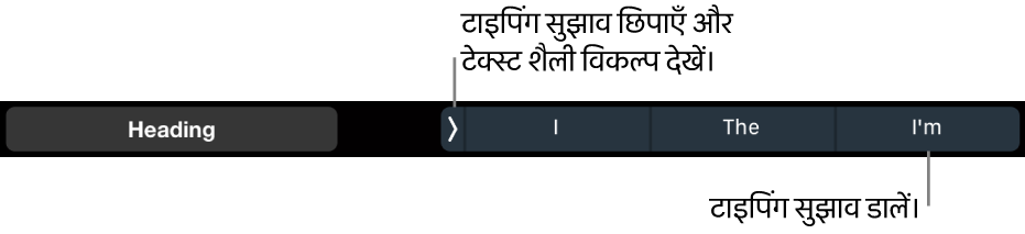 टेक्स्ट शैली चुनने, टाइपिंग सुझाव छिपाने और टाइपिंग सुझाव डालने वाले नियंत्रणों के साथ MacBook Pro Touch Bar।