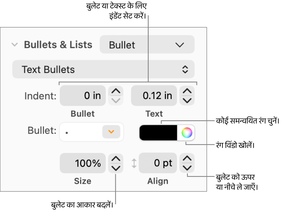 बुलेट तथा टेक्स्ट इंडेंट, बुलेट रंग, बुलेट आकार और अलाइनमेंट के नियंत्रणों के लिए कॉलआउट वाला “बुलेट और सूचियाँ” सेक्शन।