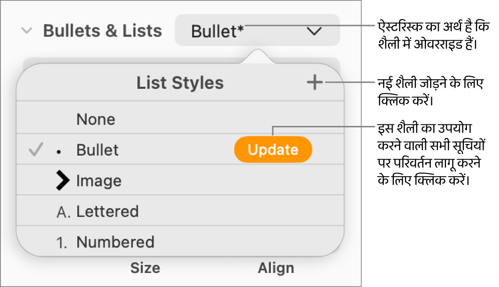 शैलियाँ प्रबंधित करने के लिए “नई शैली” बटन के लिए ओवरराइड तथा कॉलआउट इंगित करने वाला ऐस्टरिस्क दिखाता “सूची शैलियाँ” पॉपअप मेनू और विकल्पों का सबमेनू।