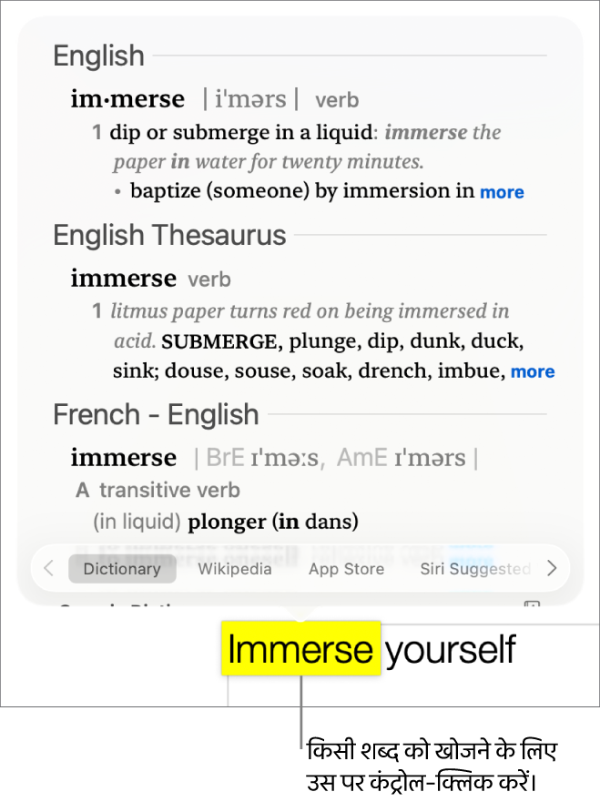 शब्द पर हाइलाइट के साथ एक अनुच्छेद और इसकी डेफ़िनिशन तथा कोश एंट्री दिखाने वाली एक विंडो। विंडो में सबसे नीचे दिए गए बटन द्वारा शब्दकोश, विकिपीडिया और Siri की सुझाई गई वेबसाइट की लिंक प्रदान की जाती हैं।