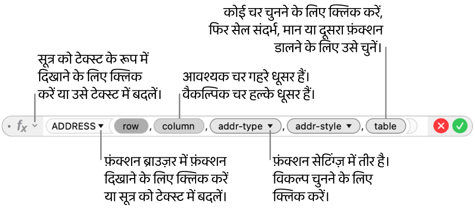 ADDRESS फ़ंक्शन और उसके आर्ग्युमेंट टोकनों को दिखाता फ़ॉर्मूला संपादक।
