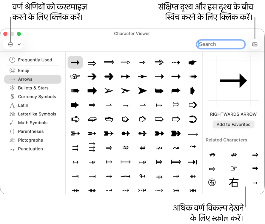विस्तारित वर्ण व्यूअर बाईं ओर विशेष वर्ण और चिह्न, अलग-अलग श्रेणियों के चिह्नों के लिए मेनू दिखा रहा है और शीर्ष-दाएँ कोने में स्थित बटन आपको संक्षिप्त दृश्य पर लौटने देता है।