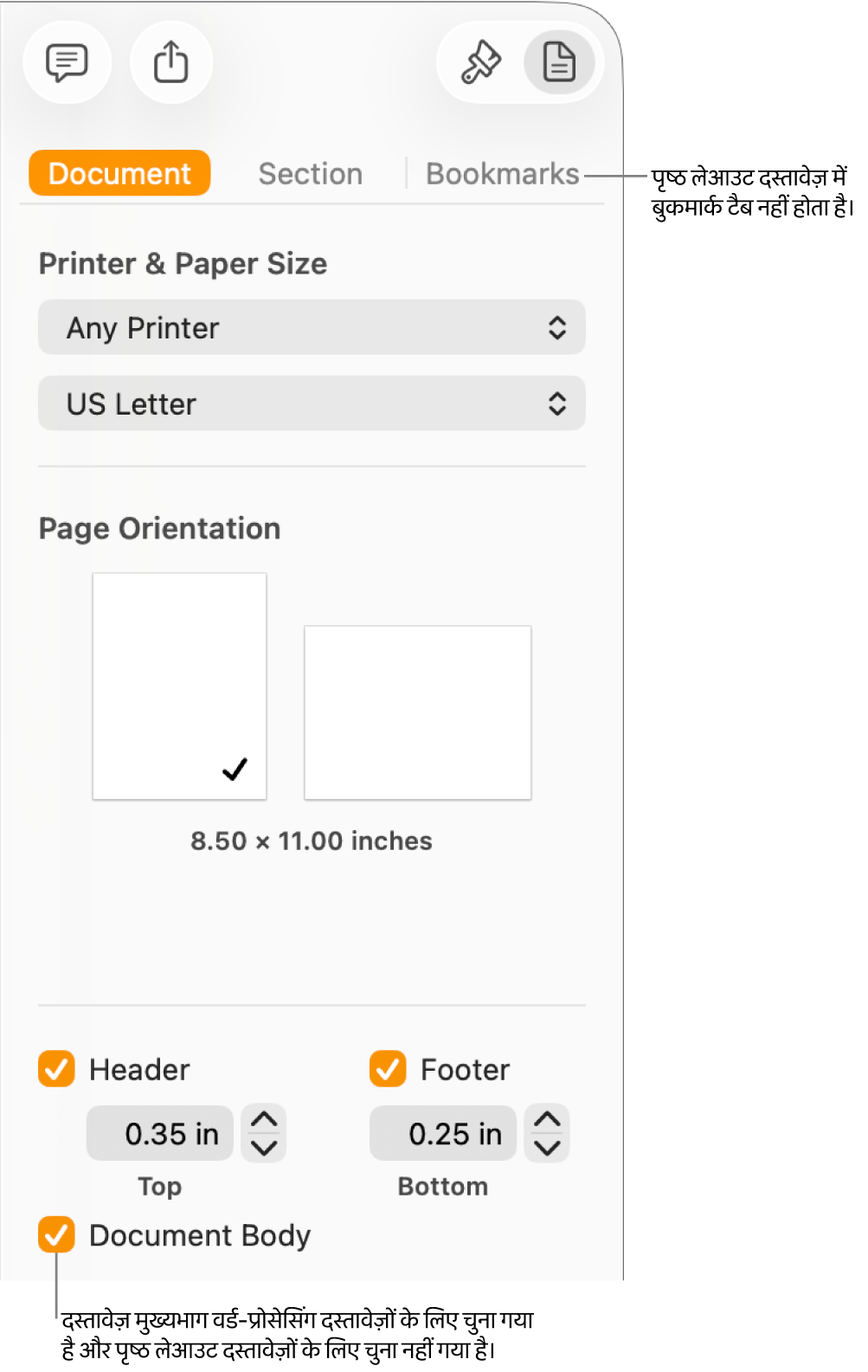 शीर्ष पर दस्तावेज़, सेक्शन और बुकमार्क टैब के साथ फ़ॉर्मैट साइडबार। दस्तावेज़ टैब चुना जाता है और बुकमार्क टैब का कालआउट कहता है कि पृष्ठ लेआउट दस्तावेज़ों में बुकमार्क टैब नहीं होता है। दस्तावेज़ मुख्यभाग चेकबॉक्स चुना जाता है, जो इस बात का भी संकेत देता है कि यह एक वर्ड-प्रोसेसिंग दस्तावेज़ है।