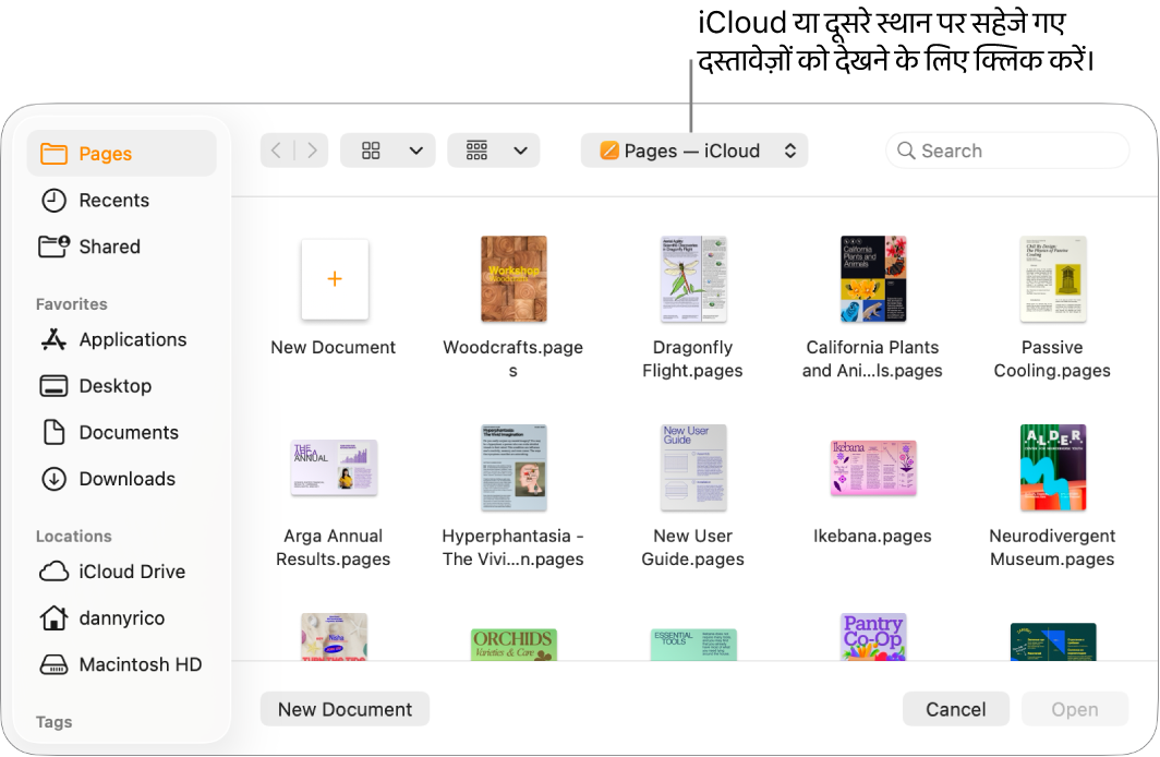 बायीं ओर खुले हुए साइडबार के साथ “खोलें” डायलॉग और शीर्ष पर पॉप-अप मेनू में चुना गया iCloud Drive। Pages फ़ोल्डर “नया दस्तावेज़” बटन के साथ डायलॉग में दिखाई देता है।