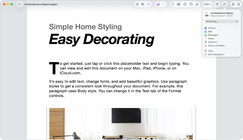 दस्तावेज़ खोलें जिसमें शेयर मेनू खुला है।