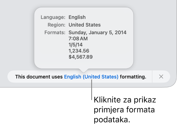 Obavijest o postavci drugog jezika i regije, pokazuje primjere formatiranja na tom jeziku i u toj regiji.
