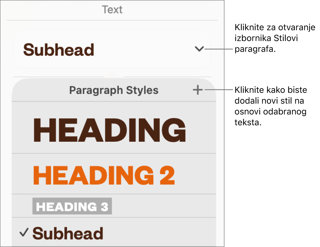 Izbornik Stilovi paragrafa s prikazanim kontrolama za dodavanje ili promjenu stila.