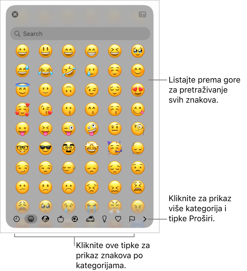 Preglednik znakova prikazuje emojije, tipke za različite kategorije simbola na dnu te tipku za prikazivanje više kategorija i tipku Proširi.