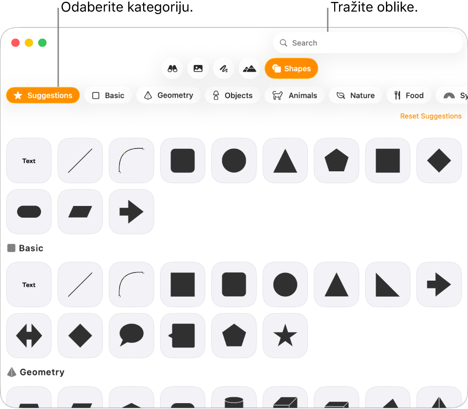 Medijateka s oblicima, s kategorijama u popisu na lijevoj strani i oblicima prikazanima na desnoj. Možete koristiti polje za pretraživanje na vrhu kako biste pronašli oblike i pomicati za više prikaza.