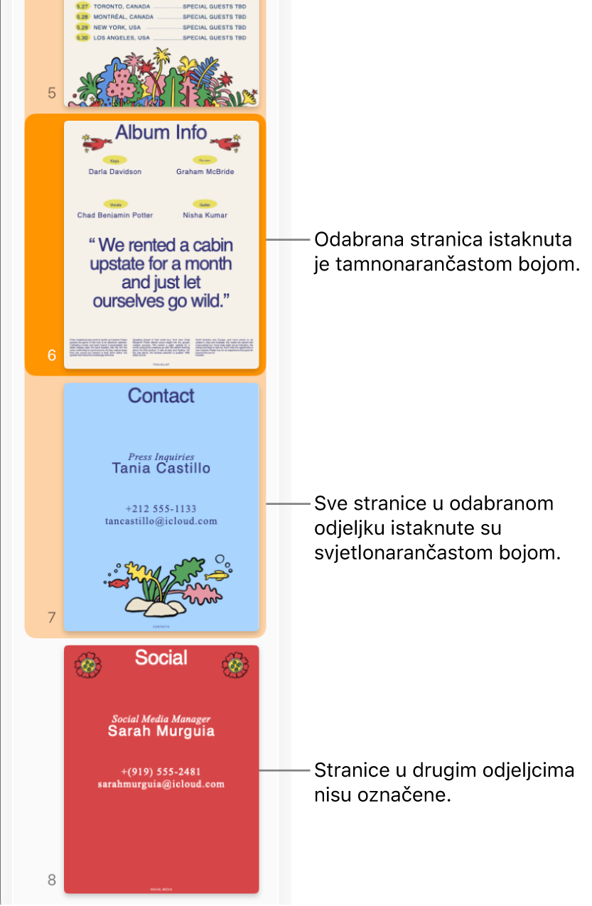 Rubni stupac Prikaz minijatura, s odabranom stranicom označenom tamnonarančastom bojom i svim stranicama u odabranom odjeljku označenima svjetlonarančastom bojom.