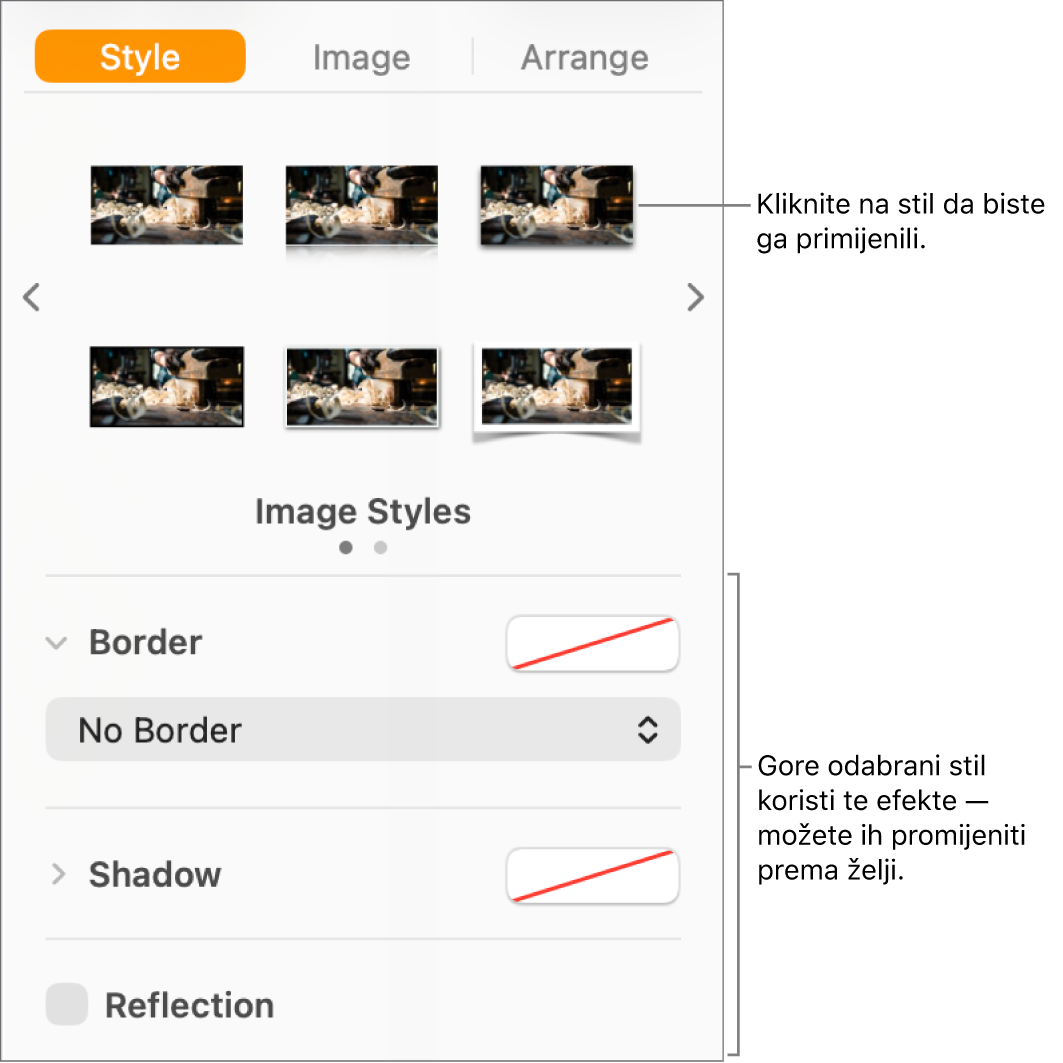 Kartica Stil u rubnom stupcu Format s prikazom opcija stila objekta.